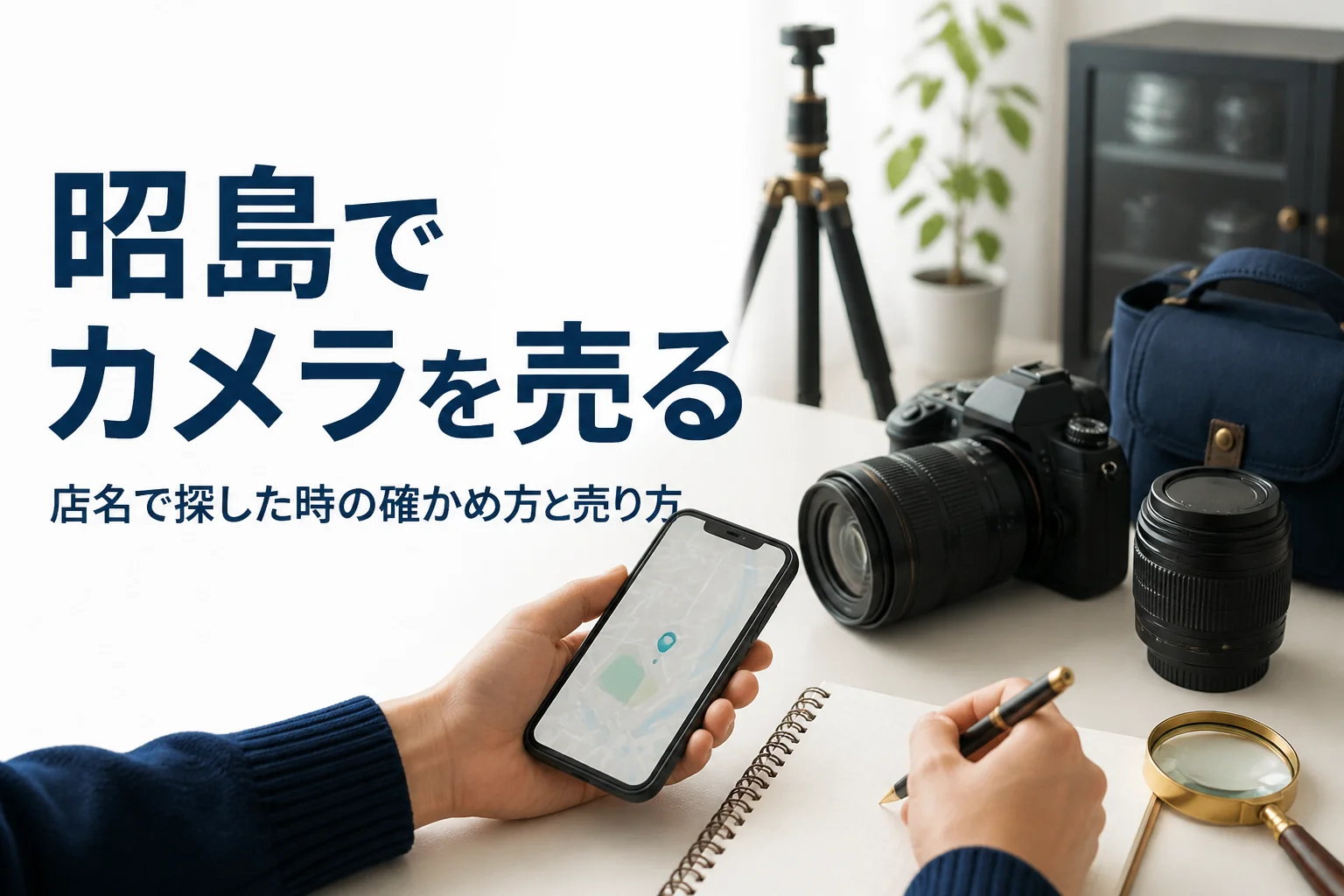 スマホで買取店を調べながら、一眼レフと交換レンズを前に売り先を検討している様子
