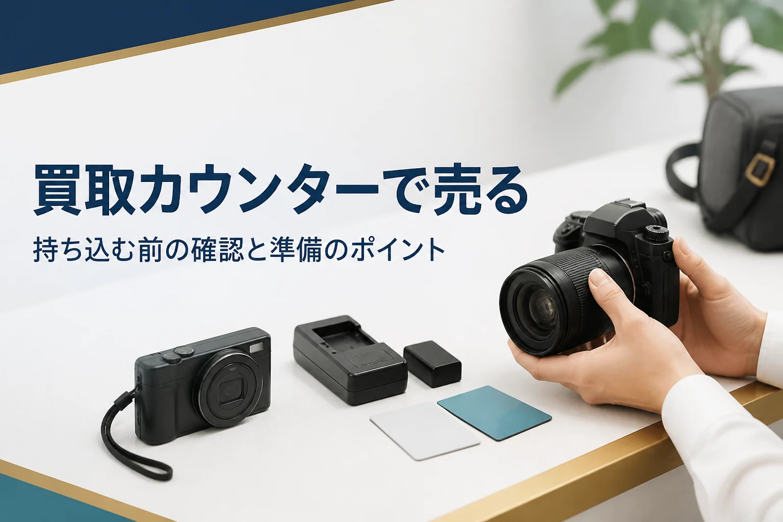 買取カウンターの台にデジカメや一眼レフ、充電器を並べて査定を待っている手元