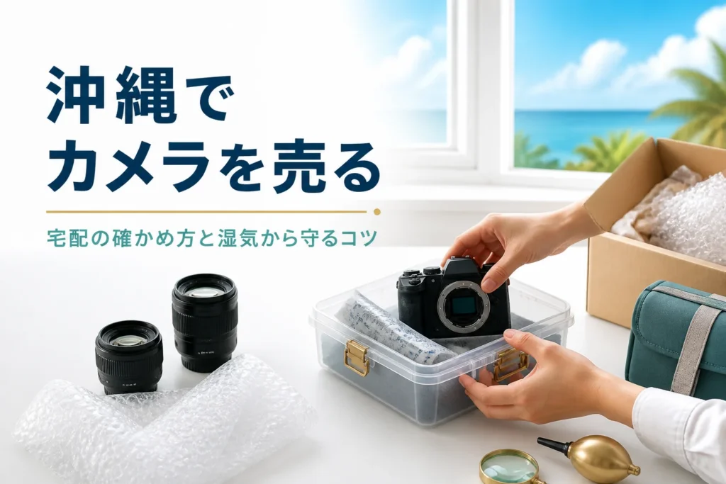 乾燥剤入りのケースからミラーレスと交換レンズを取り出し、宅配買取に送る準備をしている様子