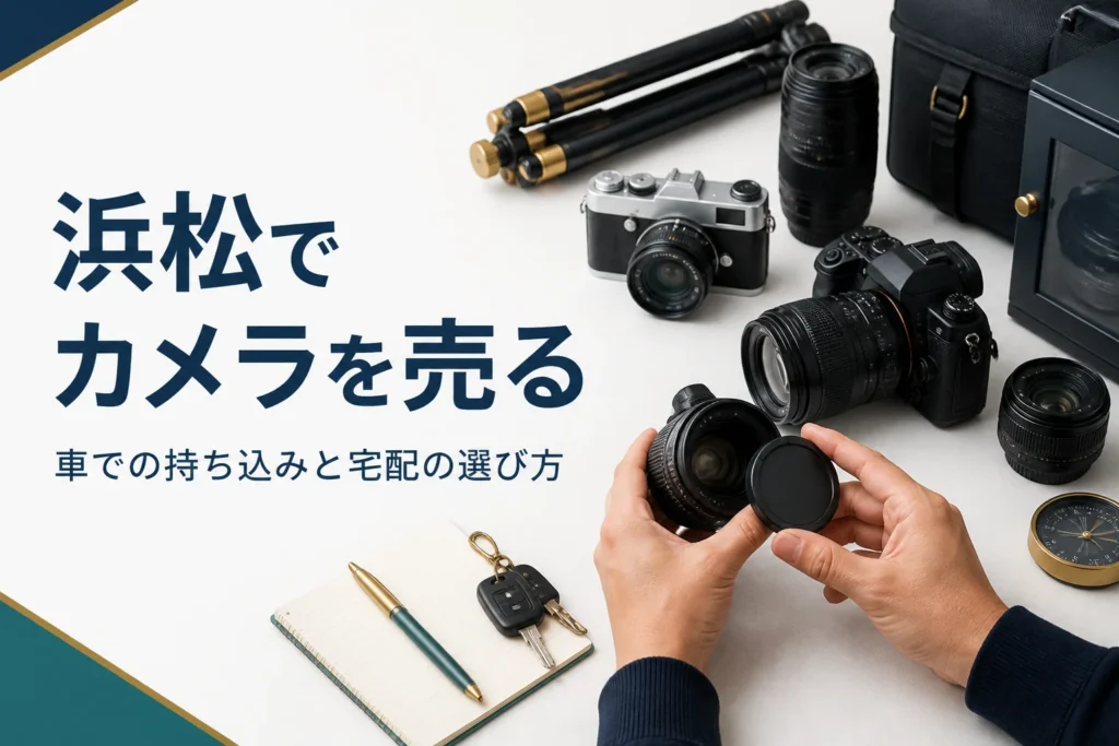 一眼レフや交換レンズ、フィルムカメラを並べ、車で買取店へ持ち込む準備をしている様子