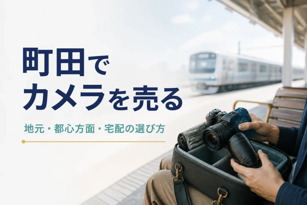 カメラバッグにミラーレスと交換レンズを入れて、電車で買取店へ向かおうとしている様子
