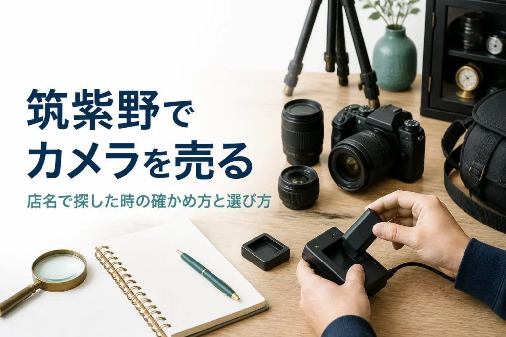 一眼レフと交換レンズ、充電器を並べ、査定の前に準備を確かめている様子