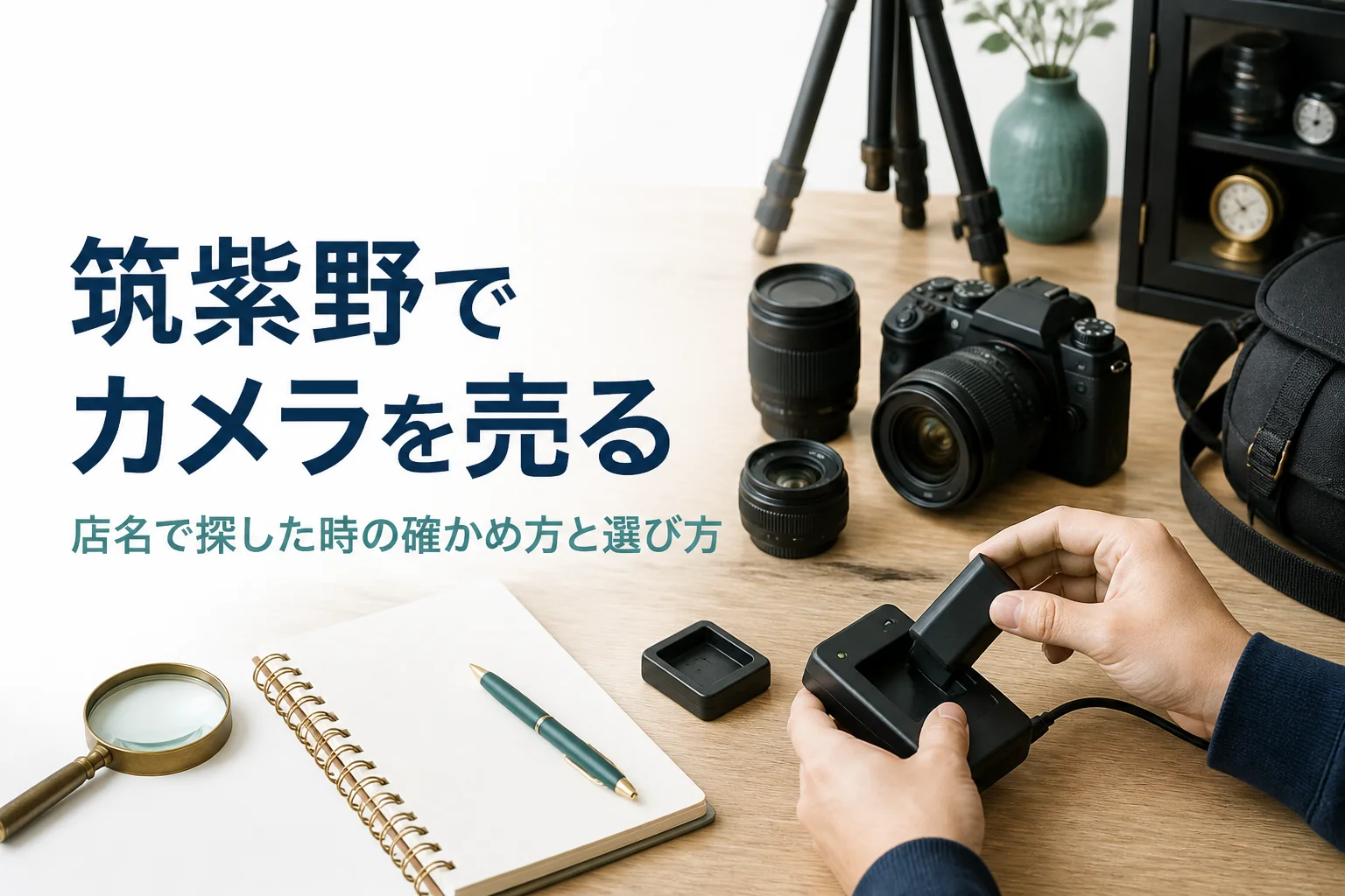 一眼レフと交換レンズ、充電器を並べ、査定の前に準備を確かめている様子
