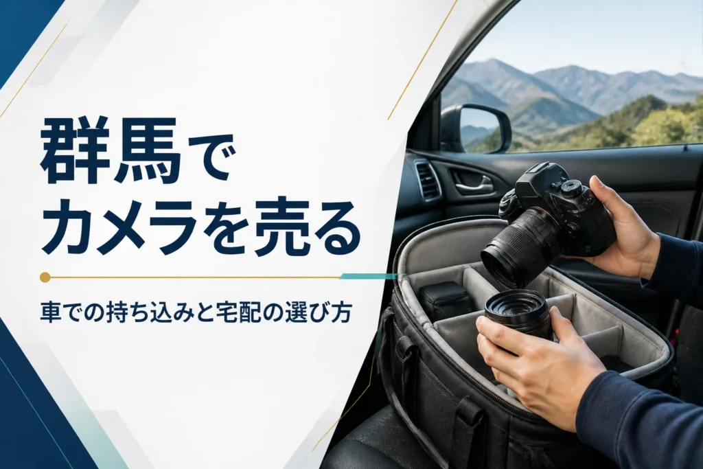 車の助手席でカメラバッグから一眼レフと交換レンズを取り出し、持ち込みの準備をしている様子