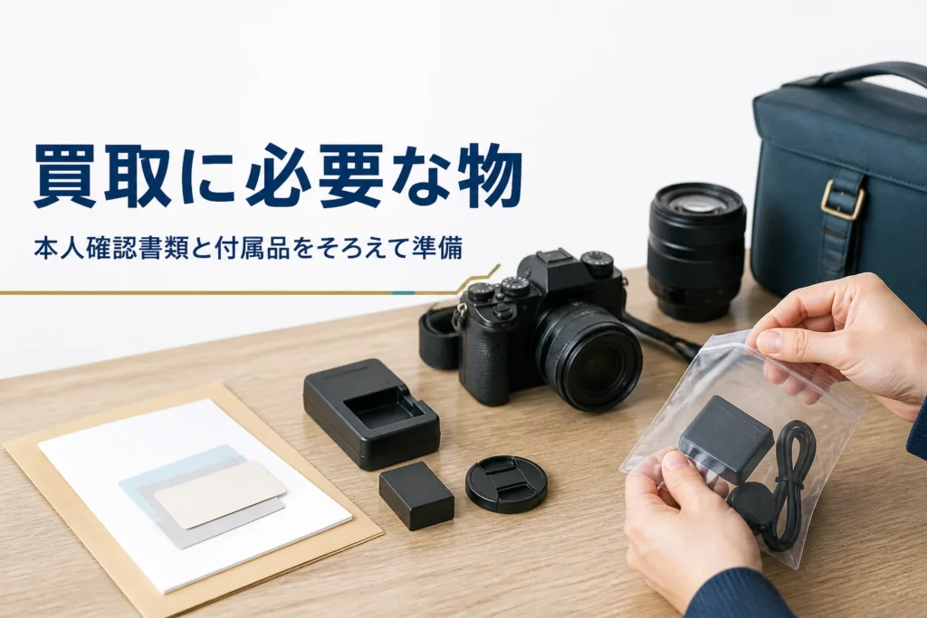 ミラーレスと充電器・バッテリー・書類をテーブルに並べ、買取に必要な物をそろえている様子
