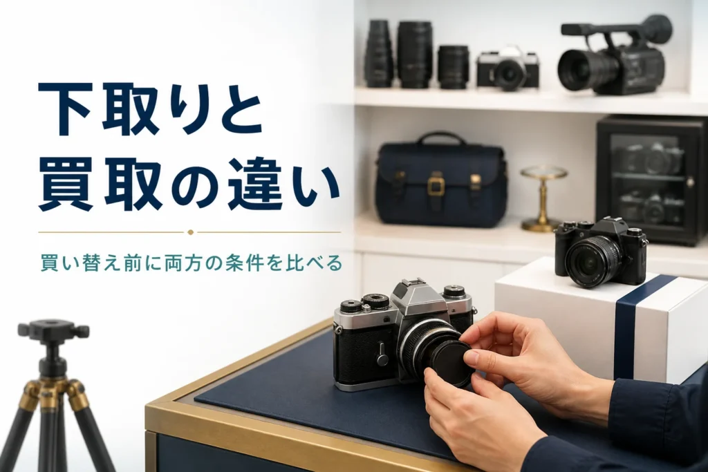 古い一眼レフと新しいミラーレスの箱をカウンターに並べ、下取りか買取かを考えている様子