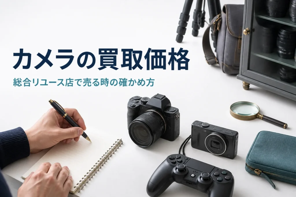 コンパクトデジカメやミラーレスをテーブルに並べ、買取価格を確かめるためにメモを取っている様子