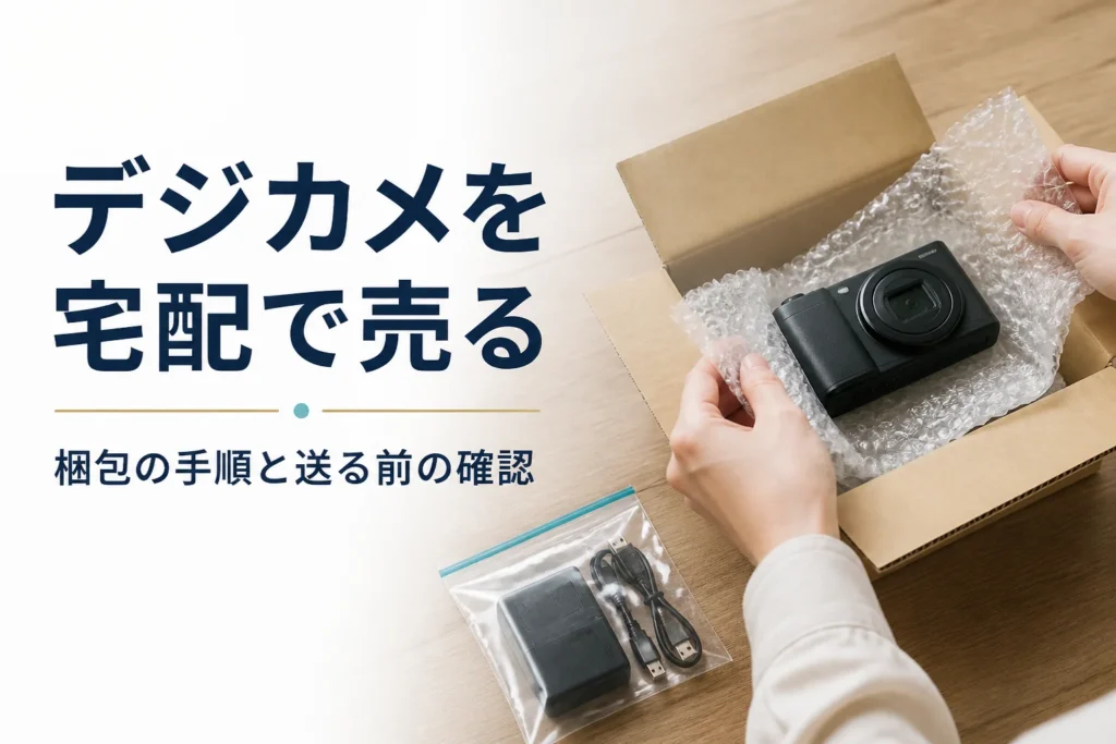 コンパクトデジカメを緩衝材で包み、段ボール箱に詰めて宅配買取の準備をしている様子