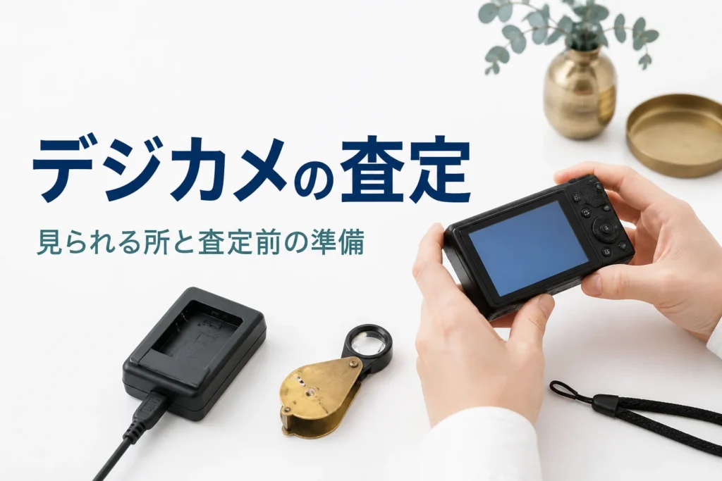 コンパクトデジカメの液晶を点けて状態を確かめ、充電器やストラップと一緒に査定の準備をしている様子