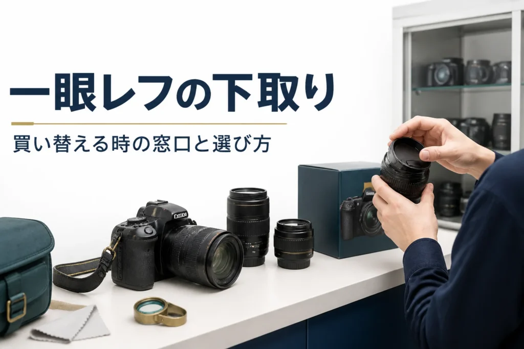 使い込んだ一眼レフと交換レンズを新しいカメラの箱の横に置き、下取りに出す準備をしている様子