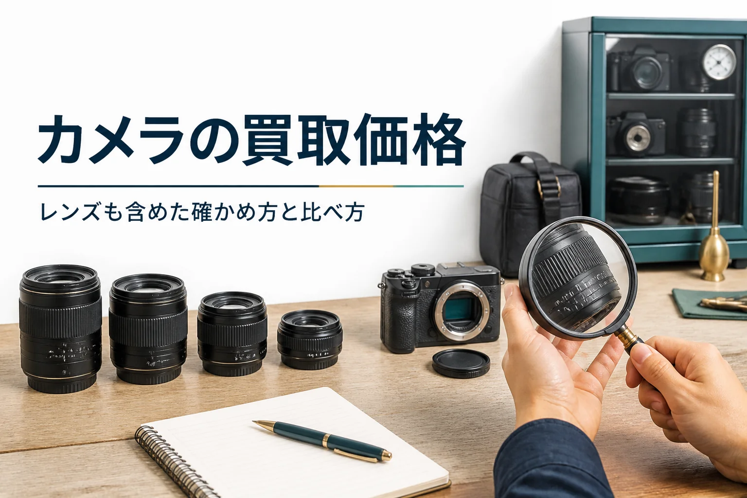 交換レンズ4本とミラーレスをテーブルに並べ、ルーペで表記を確かめながら買取価格を調べている様子