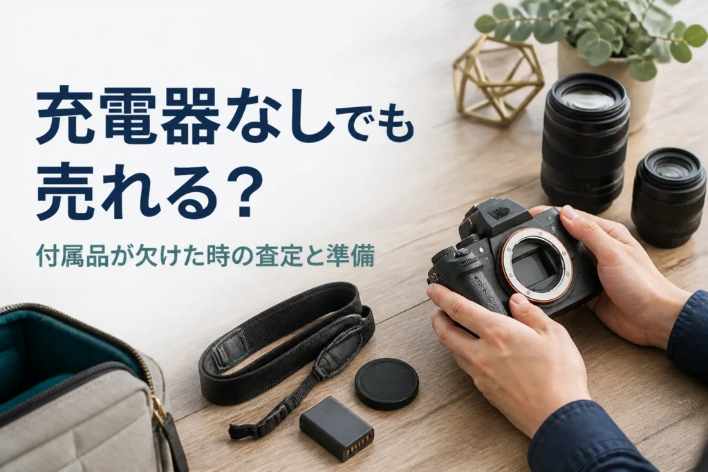 充電器が無いミラーレスと残りの付属品をテーブルに並べて確かめている様子