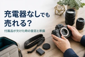 充電器が無いミラーレスと残りの付属品をテーブルに並べて確かめている様子