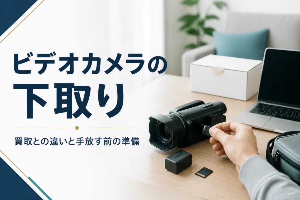 家庭用ビデオカメラからメモリーカードを取り出し、下取りの準備をしている様子