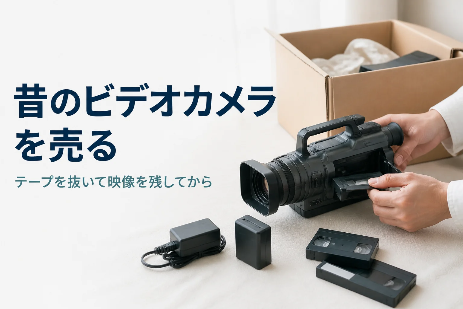 古い家庭用ビデオカメラのテープ取り出し口を開けて、中のテープを確かめている様子