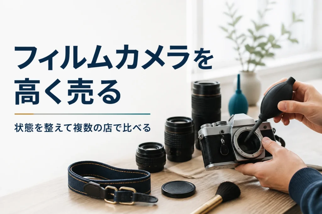 フィルム一眼レフと交換レンズをテーブルに並べ、ブロアーでホコリを落として売る準備をしている様子