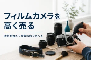 フィルム一眼レフと交換レンズをテーブルに並べ、ブロアーでホコリを落として売る準備をしている様子