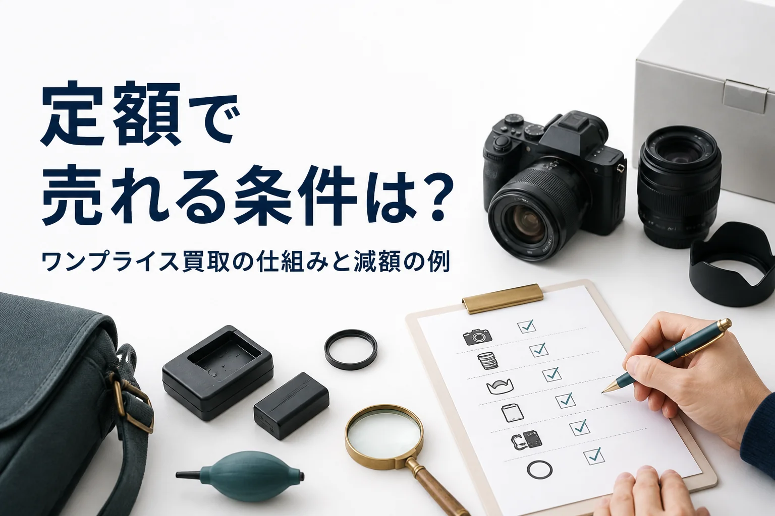 ミラーレスと交換レンズの付属品をチェックリストで確かめている様子