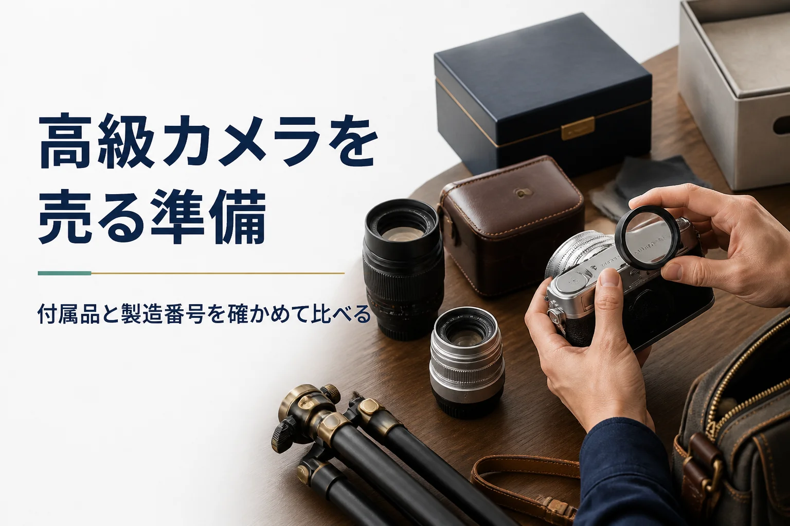 クラシックなレンジファインダーカメラの刻印をルーペで確かめている様子