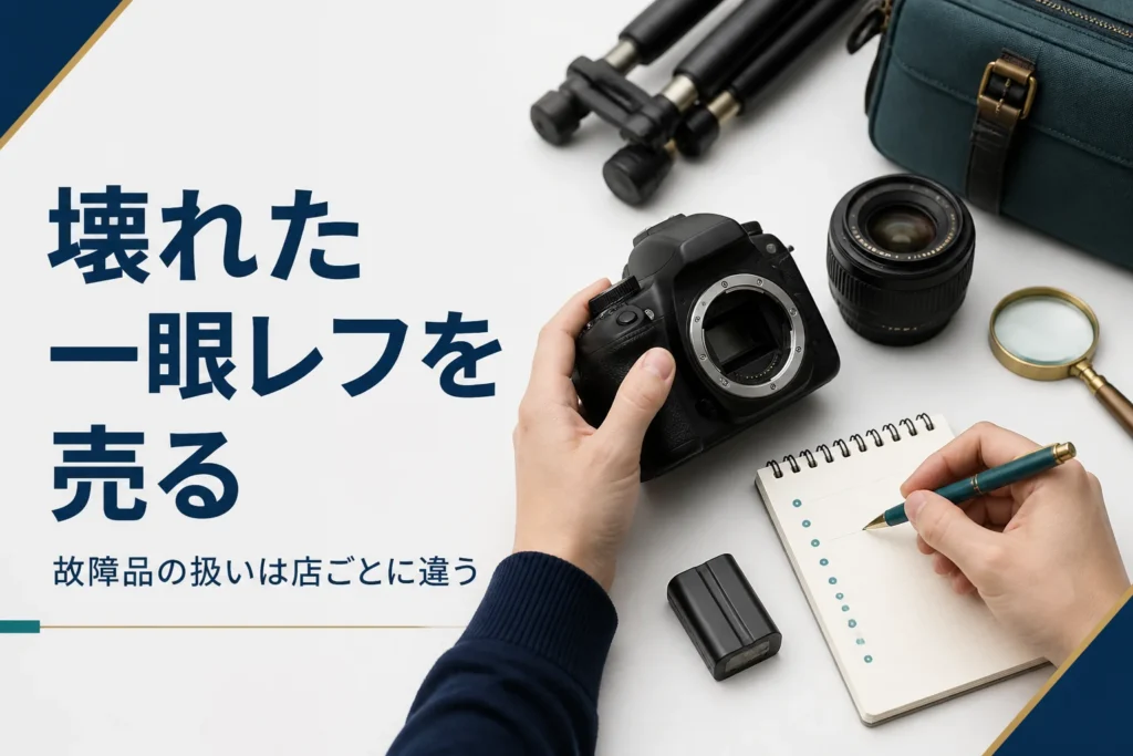 一眼レフの動かない箇所をメモに書き出して、査定の準備をしている様子