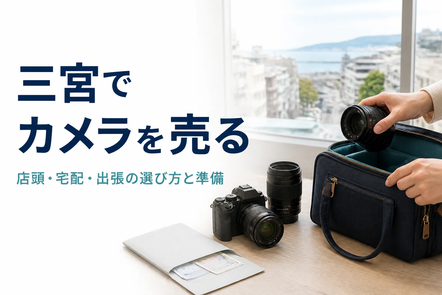 一眼レフと交換レンズをカメラバッグにしまい、買取に持ち込む準備をしている様子