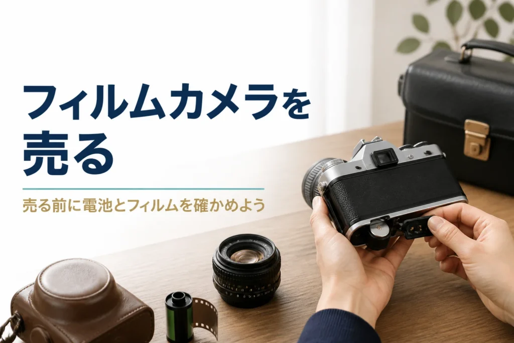 古いフィルム一眼レフの電池室を開けて中を確かめている手元