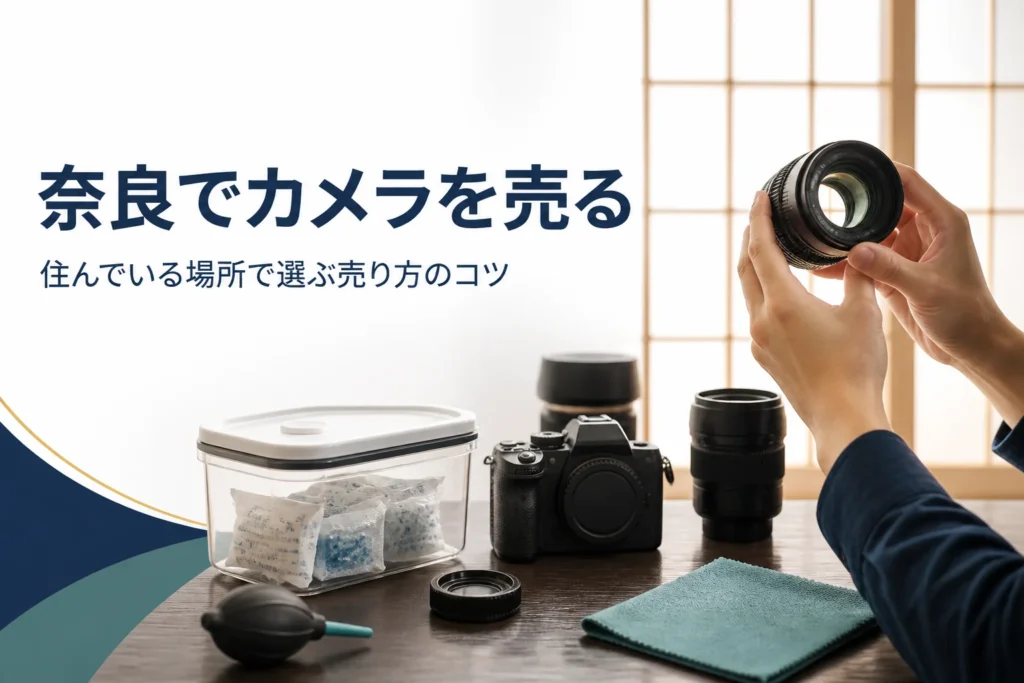 和室の座卓で一眼レフと交換レンズを並べ、レンズの状態を確かめている手元
