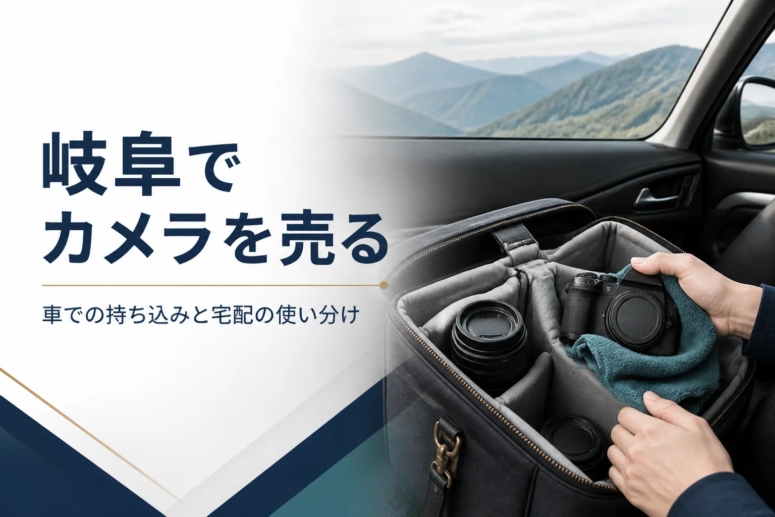 車の助手席でカメラと交換レンズをタオルで包み、カメラバッグに入れている手元