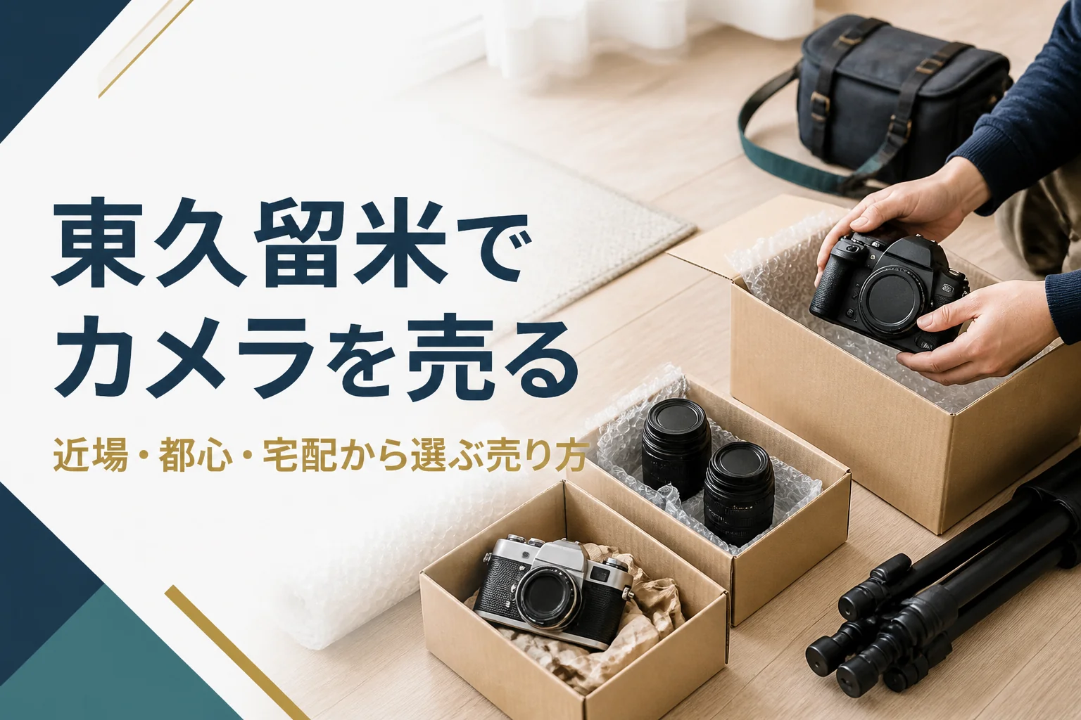 リビングでカメラとレンズを種類ごとに箱へ仕分けている手元