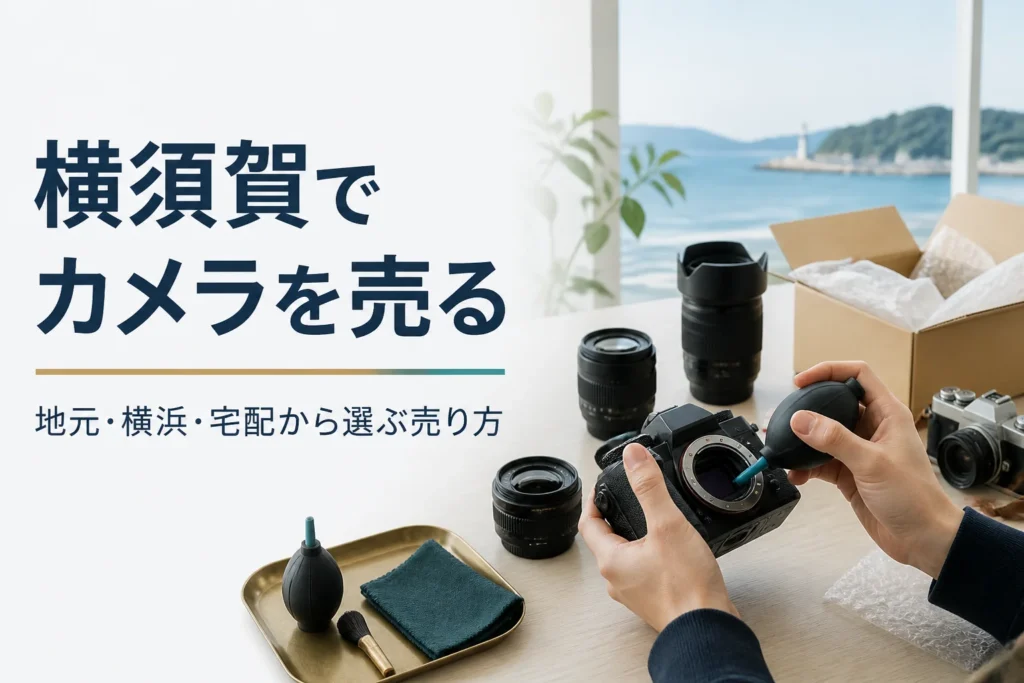 海が見える部屋でミラーレスと交換レンズを手入れし、売る準備をしている手元