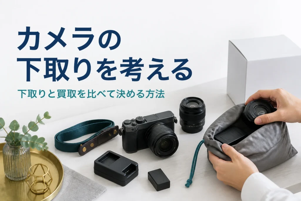 小型ミラーレスと付属品をテーブルに並べ、下取りに出す準備をしている手元