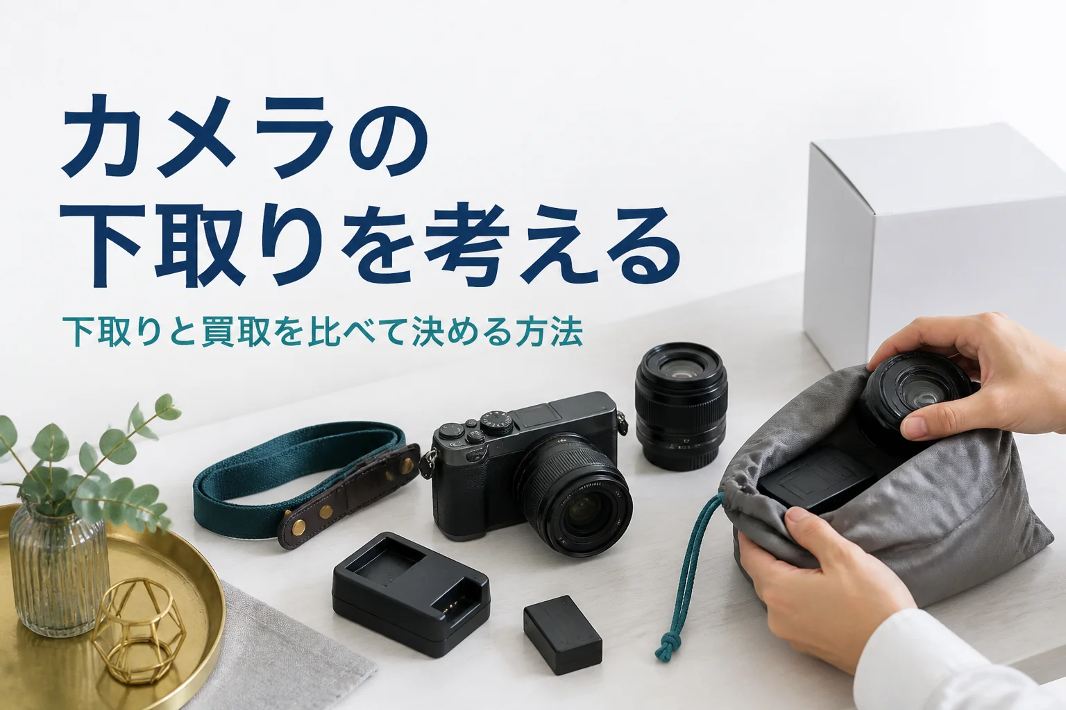 小型ミラーレスと付属品をテーブルに並べ、下取りに出す準備をしている手元
