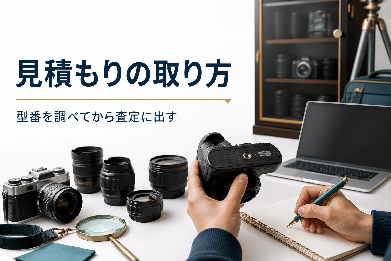 一眼レフの底面の型番を見ながらメモを取る手元