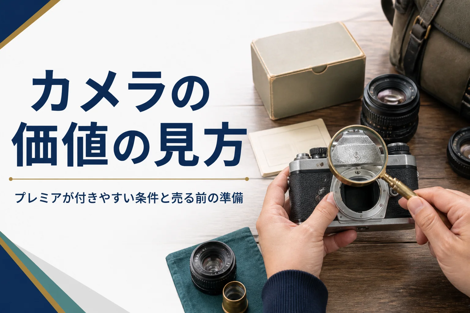 古いフィルムカメラと元箱を並べてルーペで刻印を確かめる手元