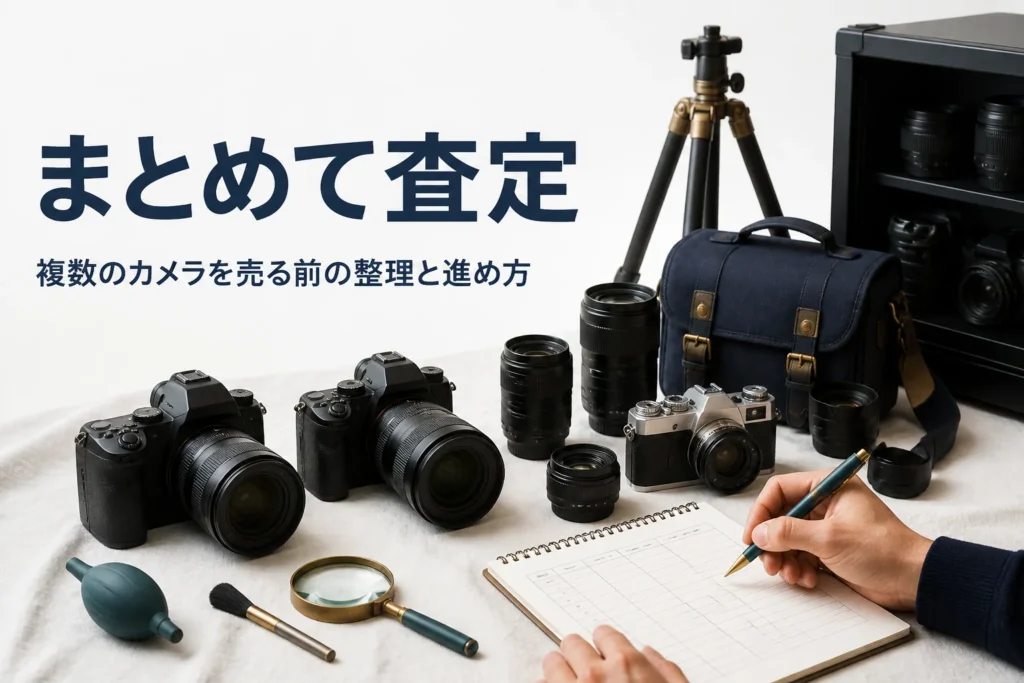 複数のカメラとレンズを並べて一覧表に書き出す手元