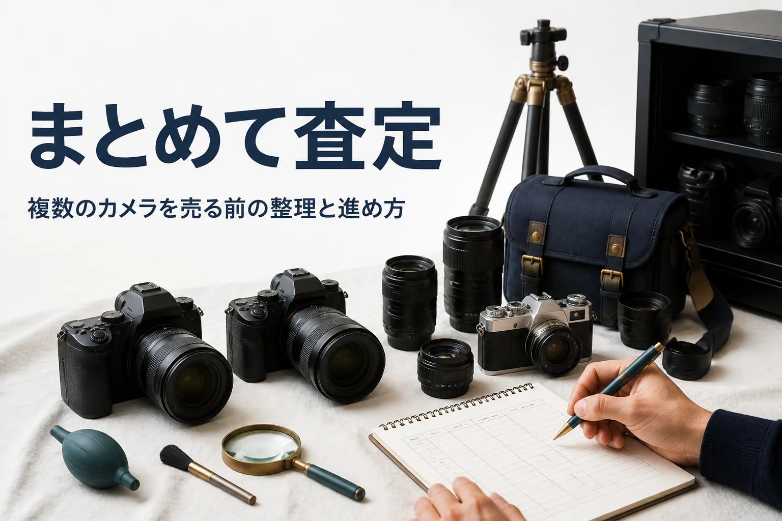 複数のカメラとレンズを並べて一覧表に書き出す手元