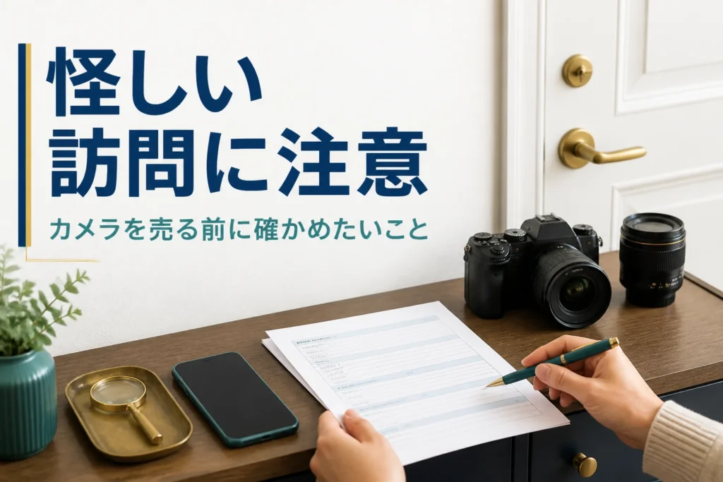 玄関で一眼レフの横に置いた書面を確かめる手元