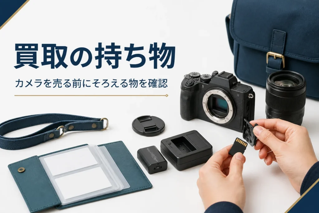 カメラと付属品と書類をそろえてメモリーカードを抜く手元