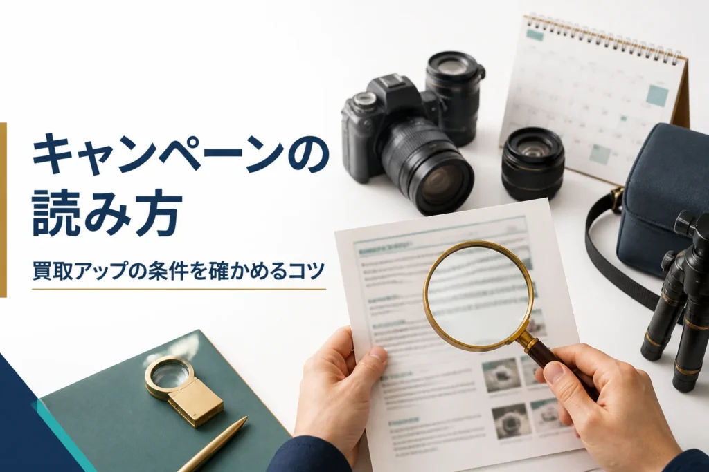 一眼レフの横で案内の条件を虫眼鏡で読む手元