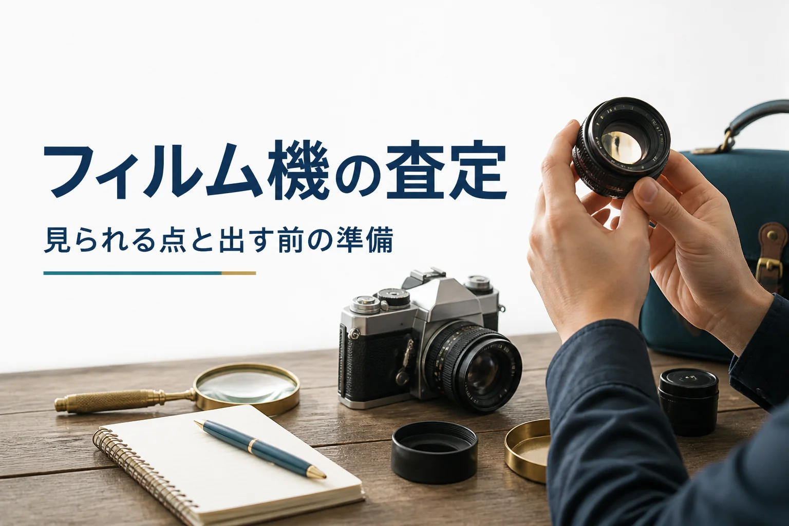 フィルム一眼レフのレンズをライトに透かして確かめる手元