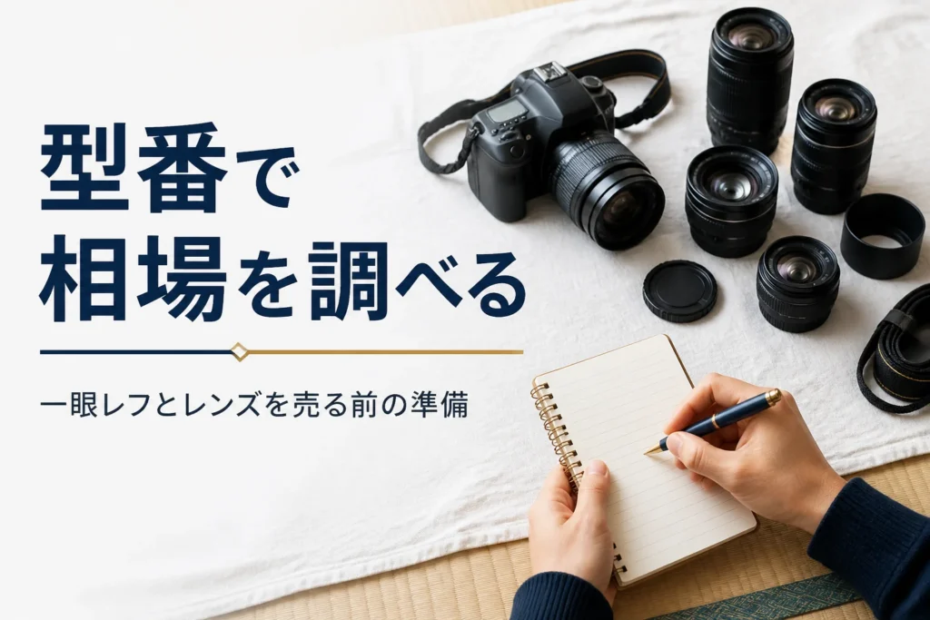 一眼レフと交換レンズ5本を並べて型番をメモする手元