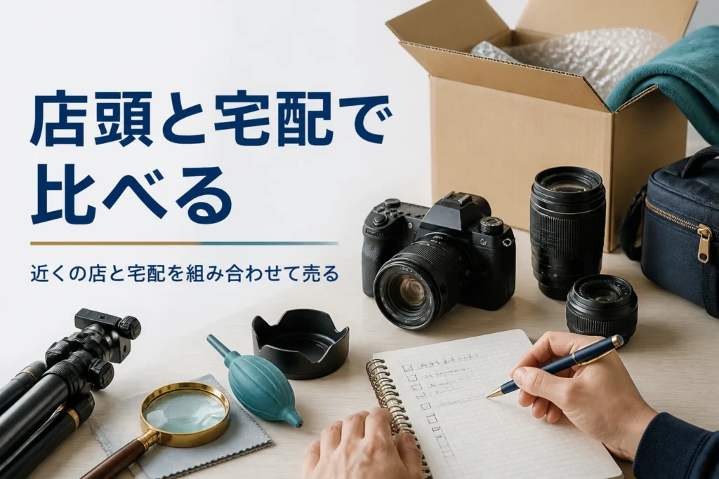 一眼レフと宅配用の箱を並べ、査定のメモを書く手元
