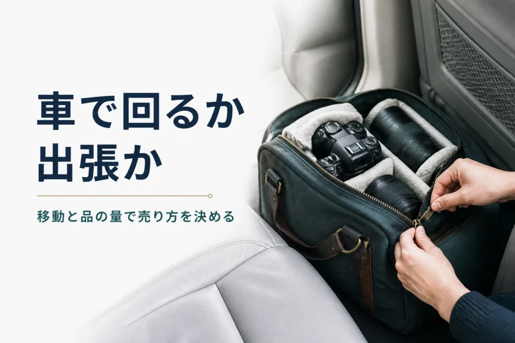 タオルで包んだ一眼レフとレンズを入れたカメラバッグを車に積む手元