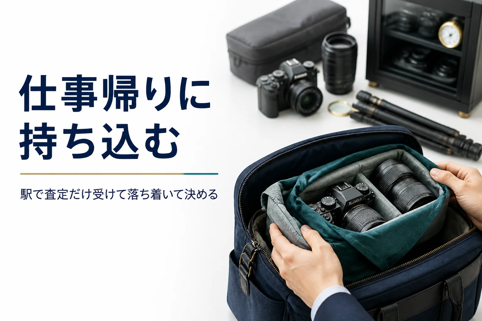 通勤カバンからインナーケースに入れたミラーレス一眼を取り出す手元
