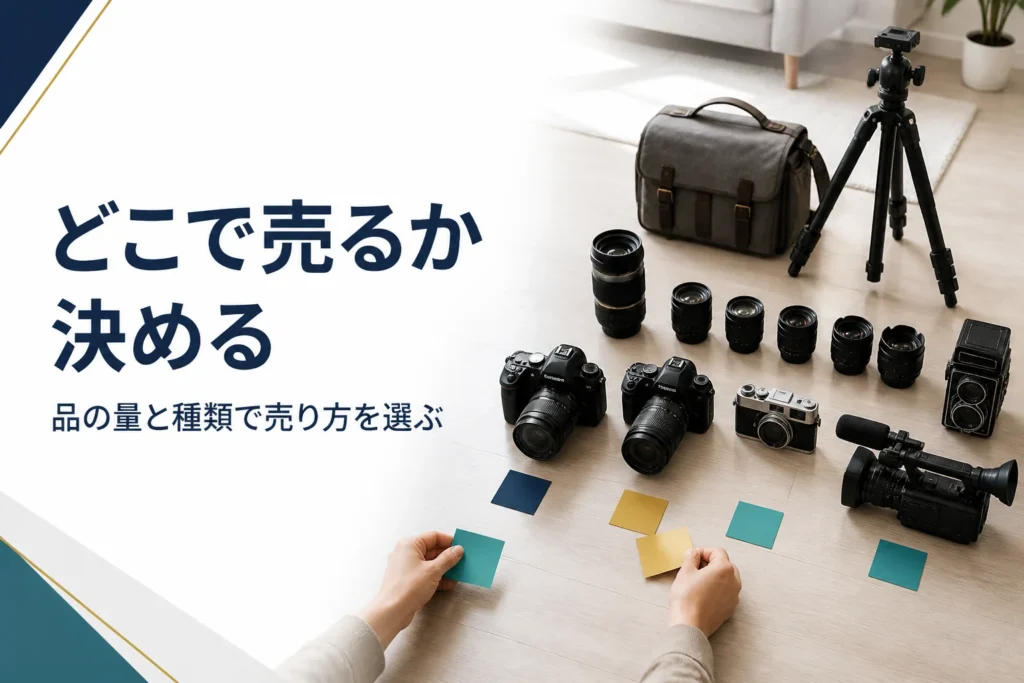 カメラやレンズ、ビデオカメラを種類ごとに仕分ける手元