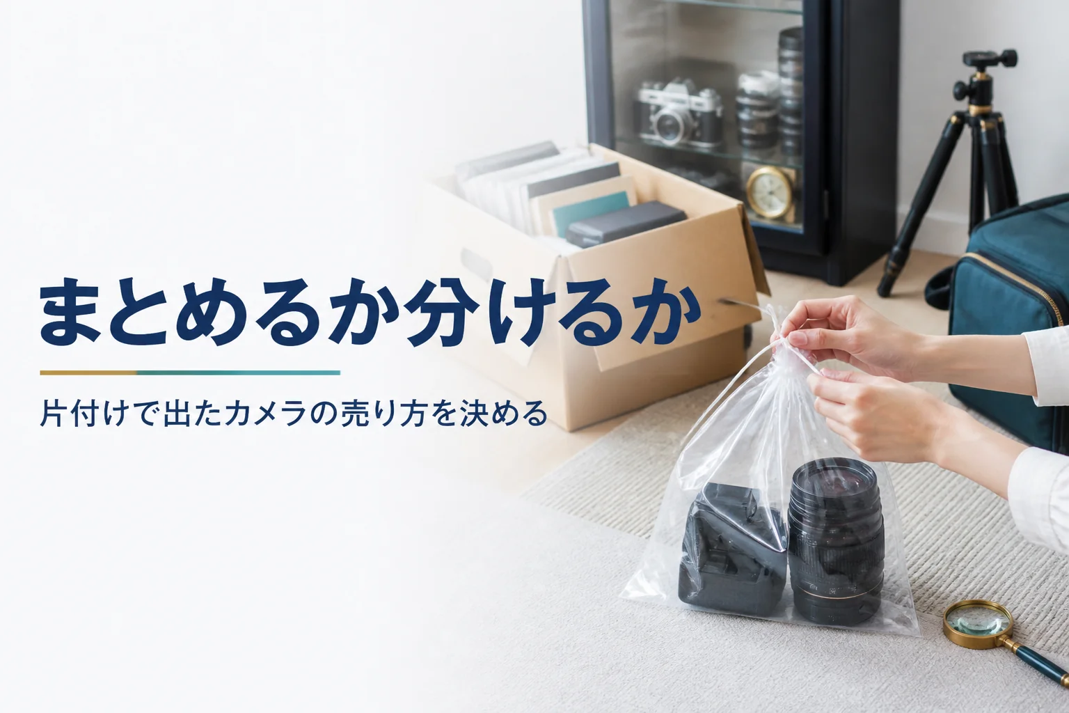 片付けで出た不用品とカメラを分けて袋にまとめる手元