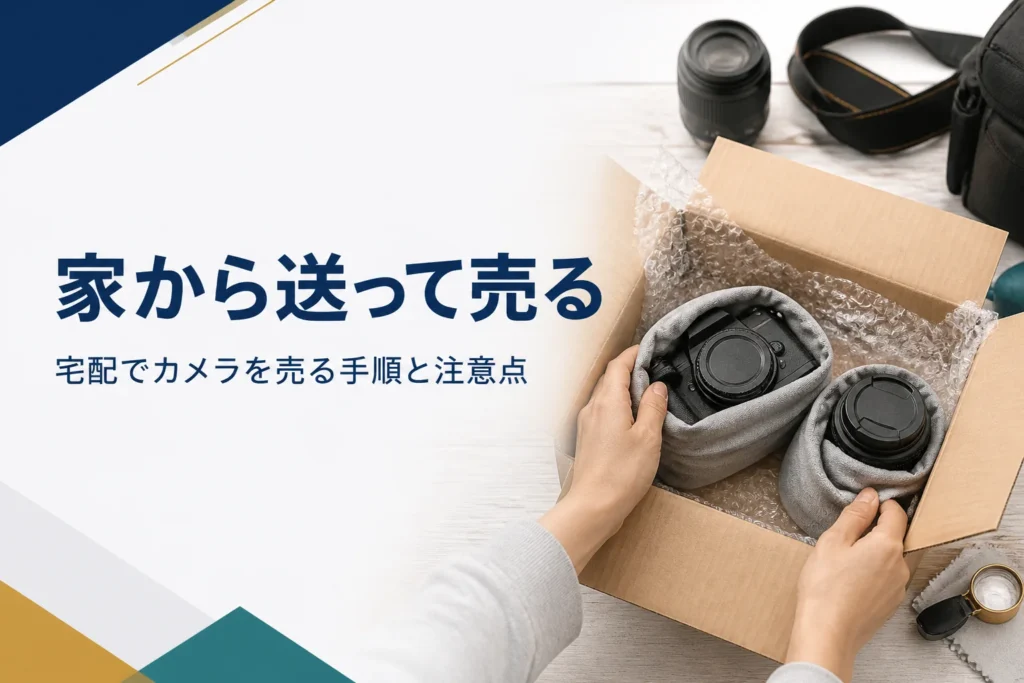 段ボール箱に一眼レフと交換レンズを分けて梱包する手元
