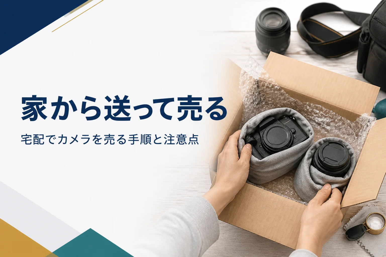 段ボール箱に一眼レフと交換レンズを分けて梱包する手元