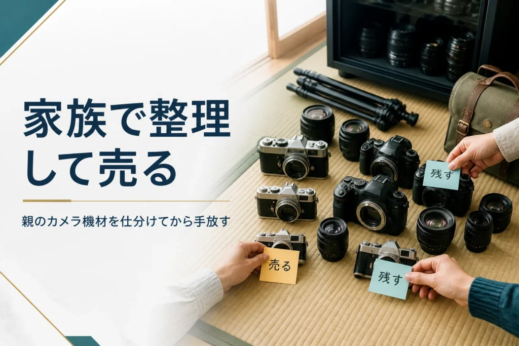 親のカメラ機材を家族で種類ごとに仕分ける手元