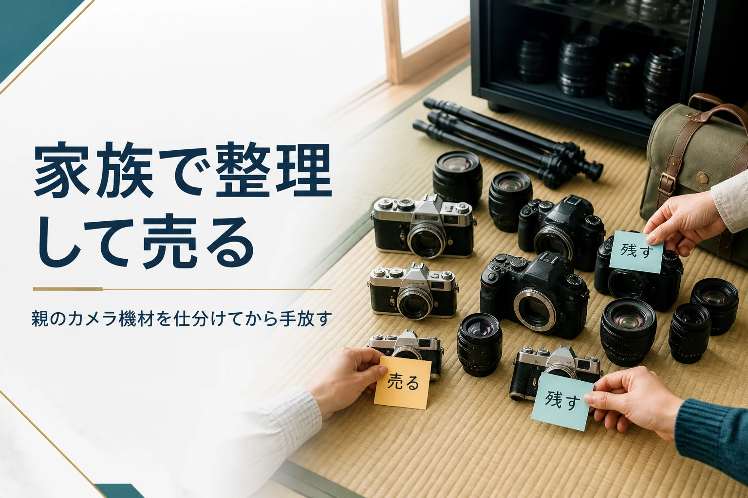 親のカメラ機材を家族で種類ごとに仕分ける手元